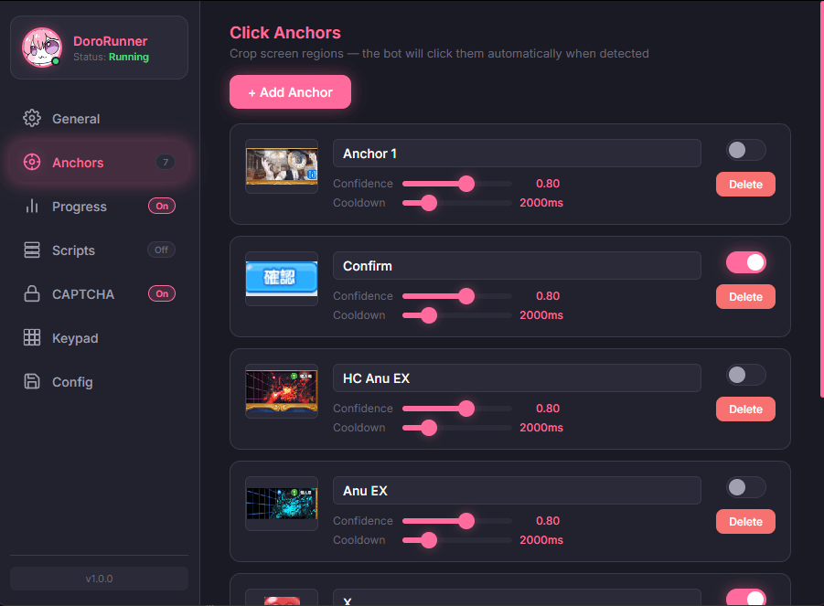 DoroRunner Anchors tab